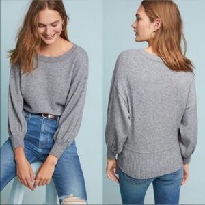 MOTH by Anthropologie Womens Cabin Sweater 3/4 Balloon Sleeve Gray Crewneck Sz S